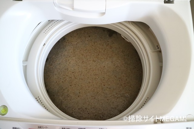 茶色い汚れが浮いている洗濯槽の様子